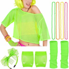 MOVINPE - Juego de accesorios para disfraz de los años 80 para mujer, playera de malla neón, hombros descubiertos, diadema, collar, calentadores de piernas, guantes de red