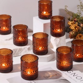 15Pcs Glass Votive Candle Holders, Amber Tea Light Candle Holders Vintage Fall Tealight Candle Holder Bulk for Autumn, Thanksgiving Table Centerpieces, Christmas Decor (Amber)