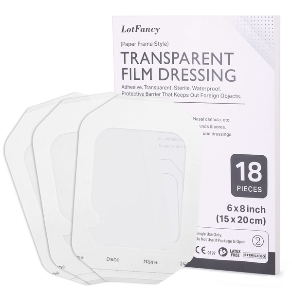 LotFancy Transparent Film Dressing 6x8 inch, 18PCS, Sterile, Waterproof Adhesive Wound Cover Bandage Tape, Film Dressing for Post Surgical, Scar Therapy, Medical Supplies, Tattoo Dressings