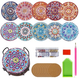 Diamond Painting Coasters with Holder, Pack of 10 DIY Reusable Diamond Mandala Cup Coasters, with Non-Slip Cork Base, Suitable for Beginners, Adults