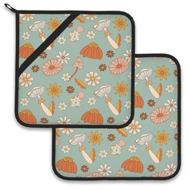 Vintage Hippie Flower Mushroom Pot Holder Set of 2,Heat Resistant Potholders Oven Hot Pads for Kitchen Cooking Baking BBQ