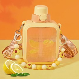 excvalues 25oz Cute Square Water Bottle with Straw and Detachable Carry Handle, Reusable, BPA Free,Kawaii Portable Transparent Water Cup with Stickers for School Office Travel(Yellow)