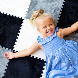 16 Piece Carpet Squares Puzzle Mat 49" x 49" Plush Interlocking Carpet Tiles, Foam Floor Tiles for Baby Play Mat - Kids Soft Play Mats Anti Slip Jigsaw Flooring Playmat Playroom Rug (Black,Gray,White)