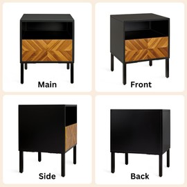 Bme Vivian Solid Wood Nightstand/Side End Table, Fully Assembled, with Herringbone Pattern for Rustic Bedroom, Rustic Golden Brown and Black