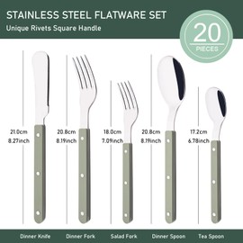 Uniturcky 20 PCS Stainless Steel Flatware Set for 4, Silverware Set with Colored Handles, Retro Style Forks Spoons and Knives Set, Vintage Eating Utensils, Green Acrylic Handle with Rivets Design