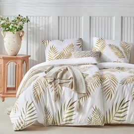 Lekesky Bed Linen 135 x 200 cm 4-Piece - 2 Duvet Covers 135 x 200 cm + 2 Pillowcases 80 x 80 cm, White Duvet Cover with Golden Tropical Palm Leaf Pattern Bedding Sets Microfibre with Zip