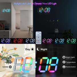 KOSUMOSU LED Wall Clock 15" RGB Digital LED Clock for Living Room Decor, Large Display Gaming Room Clocks, Dimming/12/24 Hr Time/Date/Temp/Remote (White Clock with Neon Light)