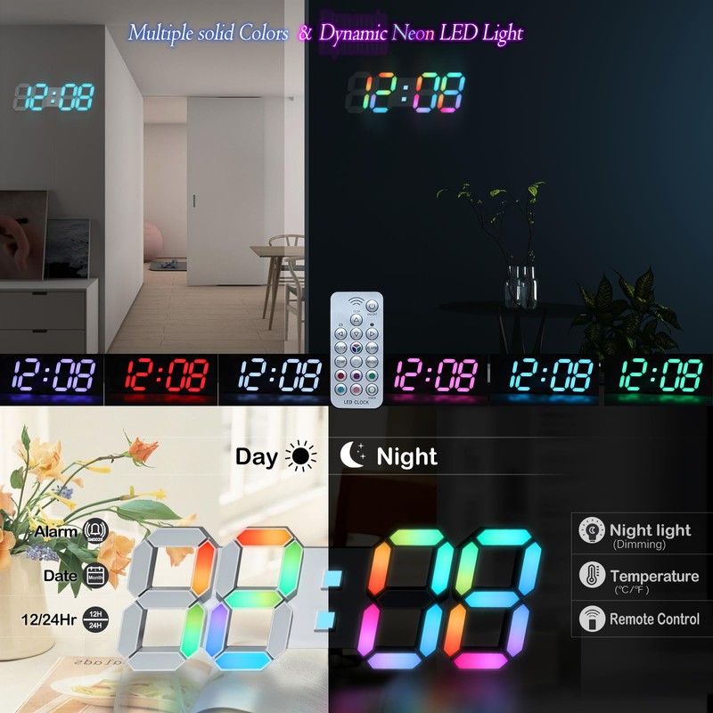 KOSUMOSU LED Wall Clock 15" RGB Digital LED Clock for