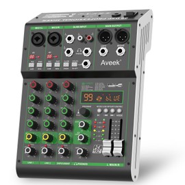 Aveek Aveek Audio Mixer,Professional Sound Board Mixing Console with USB Drive/Bluetooth/Computer/4 Channel Stereo Input DJ Mixer,48V Phantom Digital 99 DSP Effect for PC Recording Karaoke Studio Streaming
