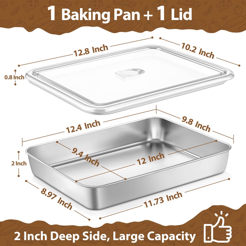 TeamFar Stainless Steel Lasagna Pan with Lid, 12.4x9.8x2 Inch Baking