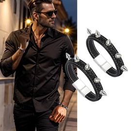 MILAKOO Punk Studded Leather Bracelets for Men Women Gothic Black Wristband Rocker Cool Clasp Cuff