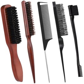 Cseece Bristle Hair Brush with Edges Brush, 5 Pack Slick Back Hair Brush Teasing Comb Set Hair Brush for Men Women, Boar Bristle Brush Smoothing Brush Sleek Hair Brush for Slicking Hair Beard