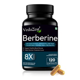 Vedazest Berberine 120 Vegetarian Capsules with Ceylon, Milk Thistle, Turmeric Root, Wild Bitter Melon and Red Yeast Rice | 8X Formula Supplement Non-GMP and Gluten Free