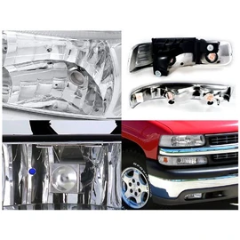 Spec-D Tuning Chrome Headlights Bumper Lamps + Clear Fog Light 6Pc Kit for 1999-2002 Chevy Silverado Left + Right Pair
