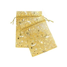 9 x 12 cm (3x4 inch) Star and Moon Organza Bags Silver Gold Sheer Drawstring Pull Tie Jewelry Gift Pouch Wedding Favor Candy Gift Bags (50 bags, Gold)