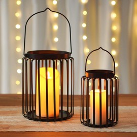 Kolnlala Farmhouse Lantern Decor Set of 2 Metal Candle Holders, Rustic Modern Vintage Style for Indoor Outdoor, Porch Patio Fireplace Mantle Wedding Decor, Electronic Candles not Included.