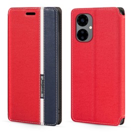 Shantime Classic Stripes Faux Leather Flip Case Compatible with Boost Celero 5G 2024, Invisible Magnetic Cover with Card Slot, Contrast Color Design(Red)