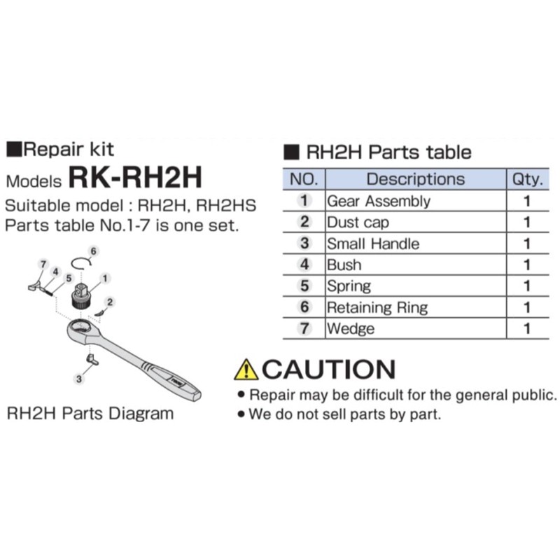 TONE Ratchet Handle Repair Kit RK-RH2H Drive 0.25 inch (6.35