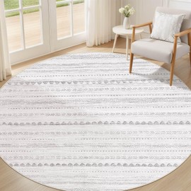 Round Rug Boho Area Rugs: 5x5 Washable Large Circle Neutral Soft Stain Resistant Non-Slip Carpet for Women Aged 25-45 Farmhouse Home Decor Enthusiasts - Living Room Bedroom Dining Room Nursery