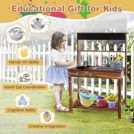 HONEY JOY Mud Kitchen, Fir Wood Outdoor Play Kitchen for Toddlers, Realistic Faucet & Garden Sink, Stoves, Chalkboard, Storage Shelf, Outdoor Kitchen Playset, Mud Kitchen for Kids Outdoor Backyard