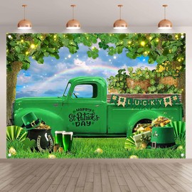 Luminora 7x5ft Fabric Happy St. Patrick's Day Backdrop Spring Green Truck Gold Coin Shamrock Irish Lucky Rainbow Photography Background Holiday Festival Party Decor Photo Props