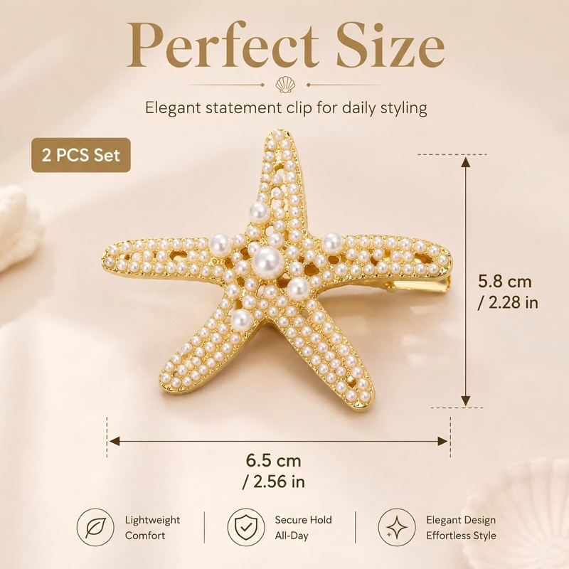 2 Pcs Starfish Pearl Hair Clip Summer Beach Gold Hair