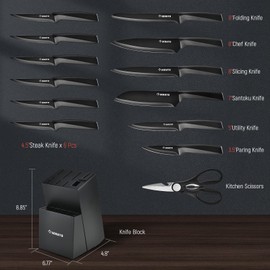 15-Piece Kitchen Knife Set with Block, Built-in Sharpener, Anti-Slip Handle, Non-Slip Base – Professional Chef Knife Set for Effortless Cooking（Black Gray）