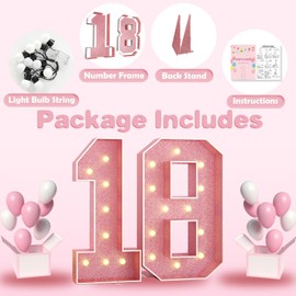 Paready 4FT Marquee 18 Numbers Rose Gold, Light Up Numbers 18 Pink 18th Birthday Decorations, Large Number 18 Light Up Foam Board for Girls 18th Birthday Party DIY Decorations Anniversary