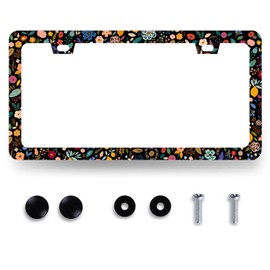 Watercolor Flowers License Plate Frame Cute Floral License Plate Holder Stainless Steel Auto Parts Funny Decoration Fits U.S. Canadian Standard Colorful License Plate for Women