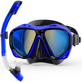 MELUMILU Snorkeling Gear for Adults, Dry Snorkel Set Blue Electroplated 180° Panoramic Wide View Anti-Fog Scuba Diving Mask, Professional Snorkel Gear for Swimming, Diving