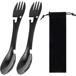Utility Camping Spork Functional Spork Stainless Steel Spork Outdoor Spoon Fork Bottle Can Opener High Functionality 1 Design for Travel Eating Tool Easy to Store + Cloth Case (Black) (1)