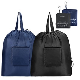 GOGOODA Travel Laundry Bags with Drawstring Closure XL Large Foldable Dirty Clothes bags with Handle Heavy Duty and Washable for College Dorm Travelling Camping, 2 Pack, Black & Dark Blue