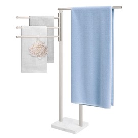 BathAce Standing Towel Rack, 304 Stainless Steel Towel Holder Stand with Weighted Marble Base，Floor Bath Towel Racks for Bathroom, Pool, Outdoor with 3 Swivel Towel Arms, Brushed Nickel