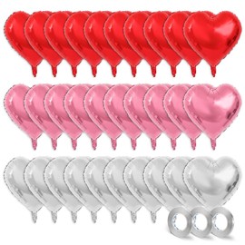 ASTIMESA 30 Pcs Pink Red Silver Heart Balloons with 3 Roll Ribbon, Large 18 Inch Mylar Foil Balloons, Helium Birthday Balloons for Engagement Party Bridal Shower Decorations Valentines Day (30 pcs)
