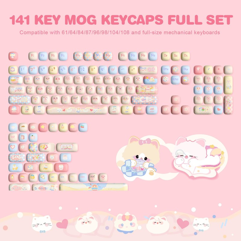YUNZII Cute Pink Kitten Custom Keycaps, 141 Keys Dye Sub