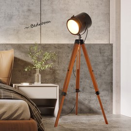 Zompoo Industrial Tripod Round Floor Lamp, Contemporary Black Tall Standing Lamp with Wood Leg, Vintage Retro Spotlight Farmhouse E26 Fixture Decor for Living Room, Bedroom, Office, Adjustable Height