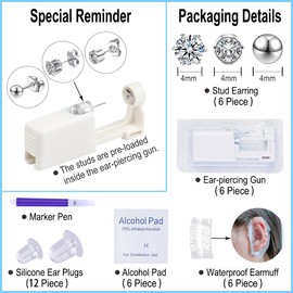 VitaCool 37 Pcs Ear Piercing Kit Disposable Ear Piercing Gun Kit with Sterile Multi-Sized CZ Earring Studs Easy and Safe Earring Self for Your Own Use at Home (3Mix-4mm-Silver-)