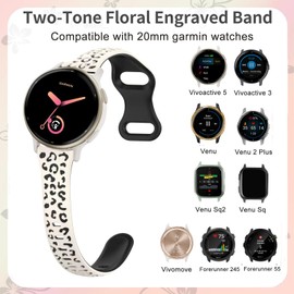 CUNUJIX Leopard Engraved Slim Silicone Watch Bands Compatible with Garmin Vivoactive 6/Vivoactive 5/Vivoactive 3/Venu/Venu Sq, 20mm Cute Thin Soft Strap Wristband for Garmin Forerunner 55/165/245/645