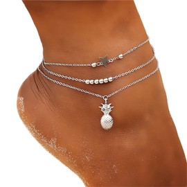 Carufin Pineapple Anklet Bracelets Multilayer Love Turtle Beaded Ankle Summer Accessories Beach Foot Jewelry for Women Girls (Silver Pineapple Anklet)