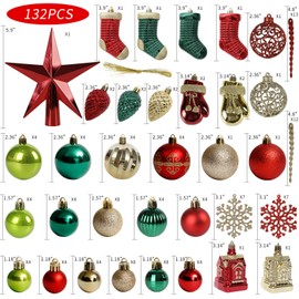 ROSELEAF 132pcs Christmas Tree Decoration Set - Red, Green & Gold Shatterproof Hanging Ornaments - Folk Art Style - Christmas, Wedding, Anniversary