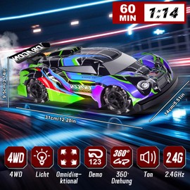 JONRRYIN RC Drift Car, Remote Controlled Drift Car, 2.4 GHz RC Car Drift with LED and Smoke, 4WD Mini Drift Car, 1:14, 15 km/h, Racing Car Toy for Adults and Children from 3 Years (Green)