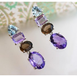 Blautopas, amethyst, und rauchquarz Statement 925 Sterling Silber Post Ohrringe - Natürlicher Edelstein - Geburtstagsgeschenk - Weihnachtsgeschenk - Handgefertigte Geschenkideen für Frauen