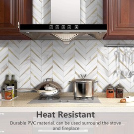 STICKGOO 10-Sheet Herringbone Tile Peel and Stick Backsplash, White Marble PVC Mixed Metal Gold Stick on Backsplash, Self Adhesive Wall Tile for Kitchen and Bathroom