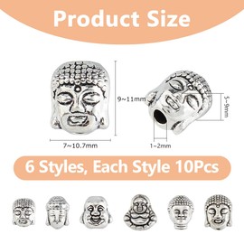 DICOSMETIC 60 Pieces 6 Styles Metal Buddha Beads Tibetan Style Alloy Beads Antique Silver Buddhist Spacer Beads for Jewellery Making Hole: 1-2 mm