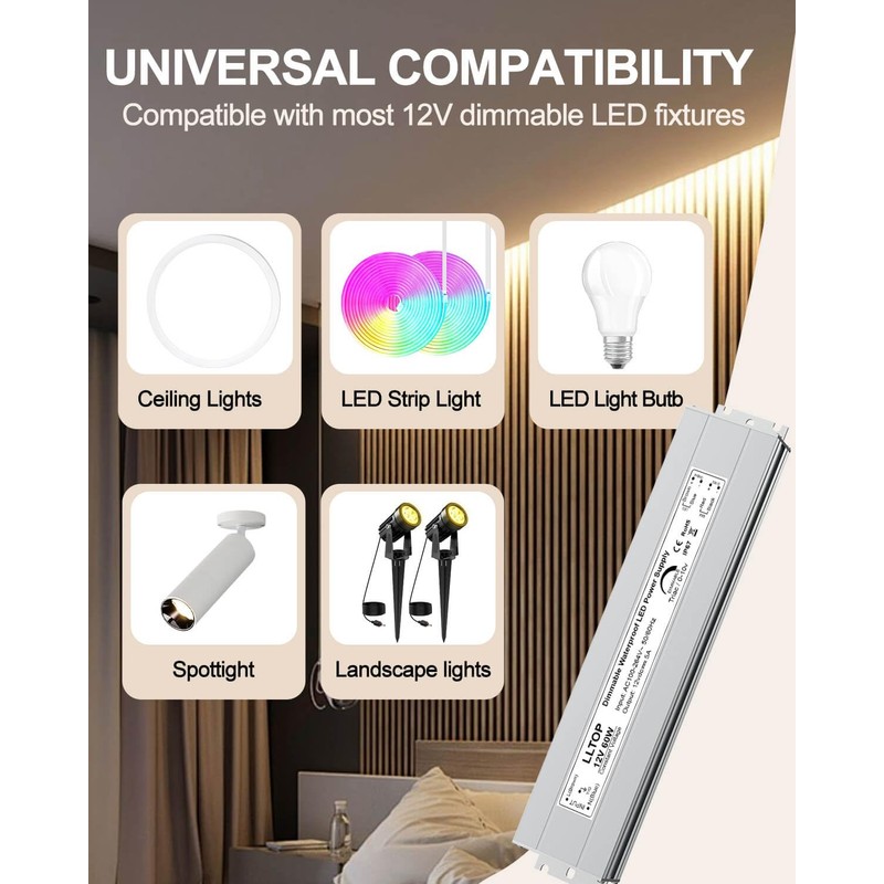 LLTOP Dimmable LED Driver 60W 12V Waterproof IP67 Triac 0-10v