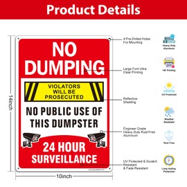 2Pack No Dumping Sign, No Public Use of Dumpster Sign, Property Protected by 24 Hour Video Surveillance Signs, 14"x10" Rust Free Reflective Aluminum, Fade Resistant, UV Protected, Easy Mounting