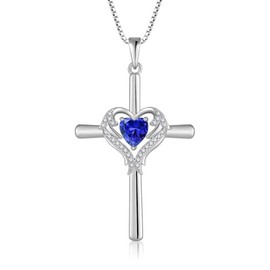 Oskani Cross Necklace for Women 925 Sterling Silver Heart December Birthstone Tanzanite Color Angel Wing Cross Pendant Necklace Faith Dainty Jewelry Birthday Gifts for Wife Her