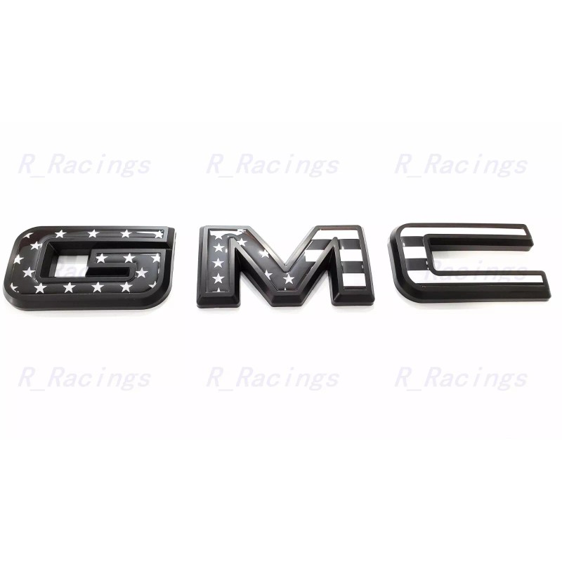 Auto Front & Rear GMC Black USA Flag OVERLAY Emblem
