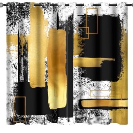 Kazynee Modern Abstract Geometric Room Darkening Blackout Window Curtains with Grommets,Black White Gold Oil Painting Art Energy Efficient Window Treatment for Living Room 2 Panels 84L x 42W