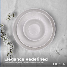 LIBKEN White Plates and Bowls Sets - Heavy Duty Ceramic for Fine and Casual - Elegant White Dinnerware Set for 12 with Unique Durable Design - Ideal for Home and Restaurant Use - Dish Set